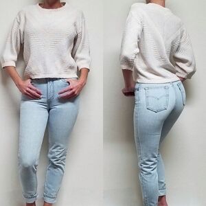 VINTAGE 1980s Peaches & Cream Chevron Knit Cropped Quarter Sleeve Sweater Small